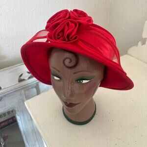 Vintage Women’s Red Hat Satin Rosettes Netting